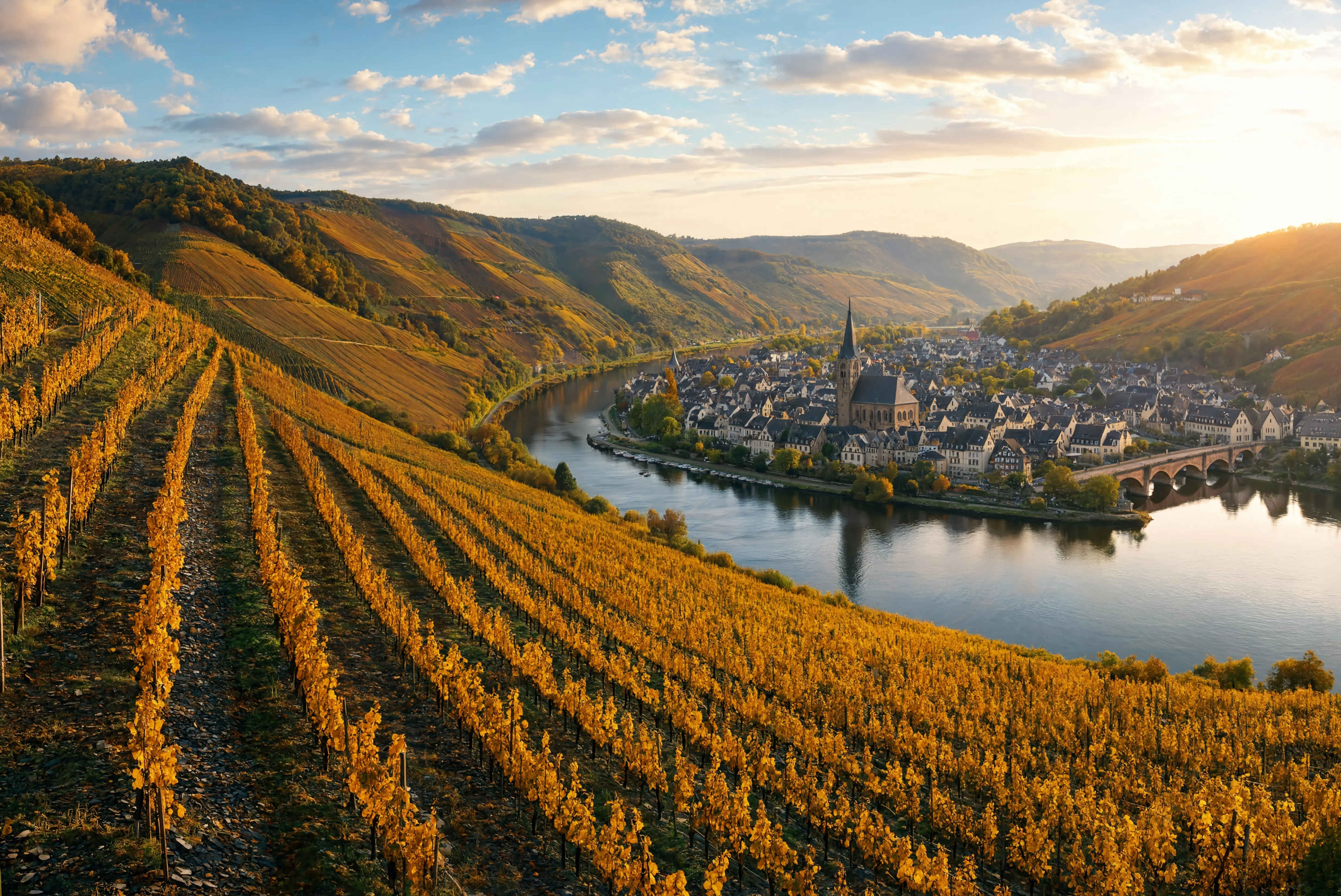 Goldene Weinberge der Mosel bei Herbstsonne — deutsches Weinparadies